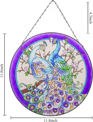 Miniatura 6 de Colgantes de ventana de cristal de pavo real de 11.8 pulgadas, decoración artística de pared de pavo real, panel atrapasoles con cadena (morado)