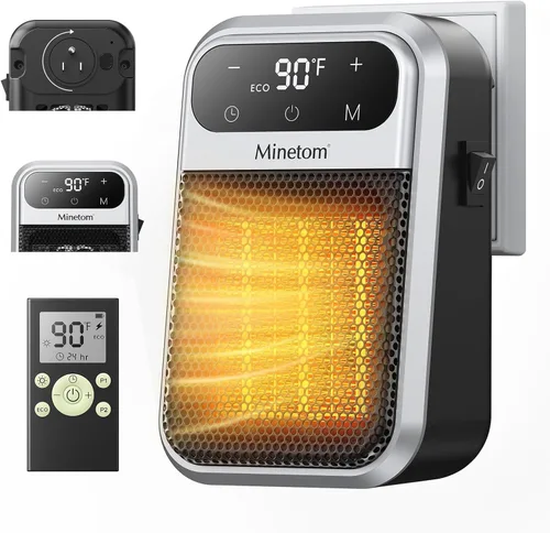 Minetom Calentador de espacio portátil enchufable, calentador de pared pequeño de 800 W para uso en interiores, control remoto, temporizador de 12