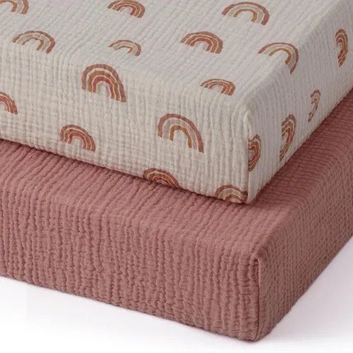 Blissful Diary Sábanas de Muselina para Mini Cuna, Sábanas Ajustables de Colchón para Corralito Pack N Play, Algodón Suave para Niños y Niñas, Rosa