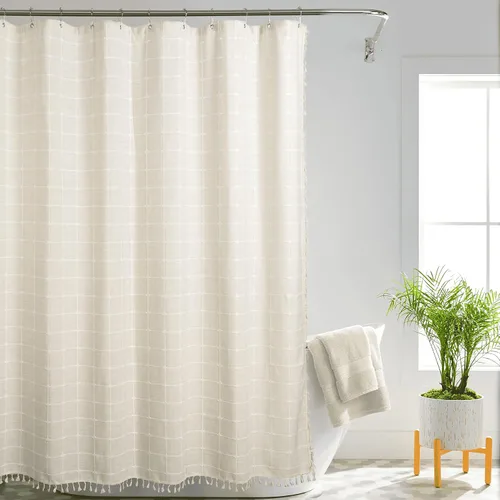 Cortina de ducha estilo bohemio para baño con ganchos de metal, cortina de ducha de tela de lino gruesa con borlas, cortina de baño vintage