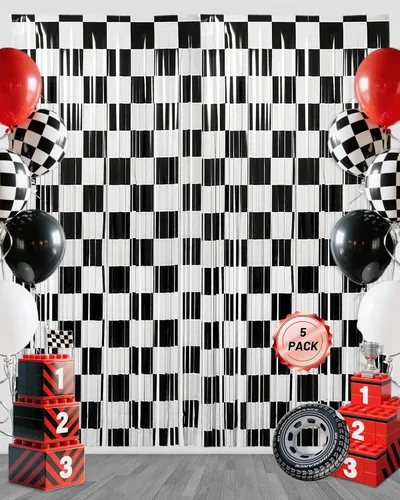 Miniatura 8 de Calmi Cortinas de flecos de aluminio de carreras para decoración de fiesta de cumpleaños, paquete de 3 cortinas de flecos de aluminio blanco y negro