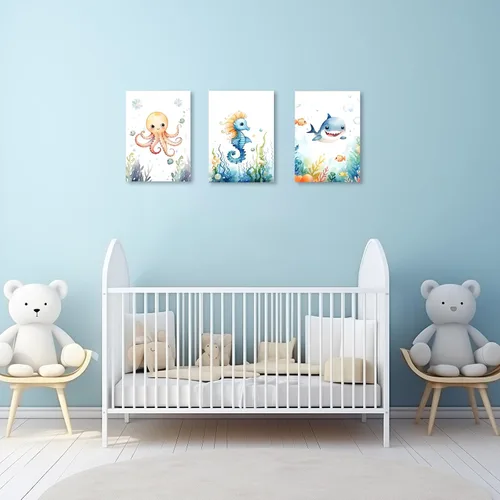 Miniatura 5 de ZXHYWYM Arte de pared de 3 piezas para habitación del bebé, diseño de tiburón de pulpo, caballito de mar, tiburón, impresiones sobre lienzo