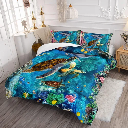 Miniatura 2 de CVHOUSE - Juego de edredón de tortuga marina, juego de cama de tortuga marina oceánica para niños y adolescentes, juego de edredón de tortuga marina