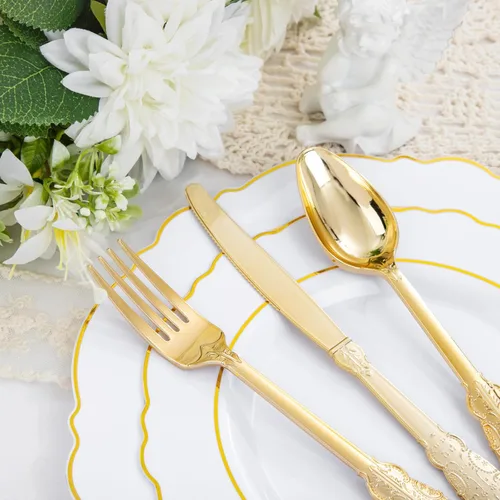 Miniatura 2 de Liacere 350 platos de plástico dorados, platos desechables blancos y dorados, vajilla de plástico barroco para 50 invitados, incluye 100 platos, 50