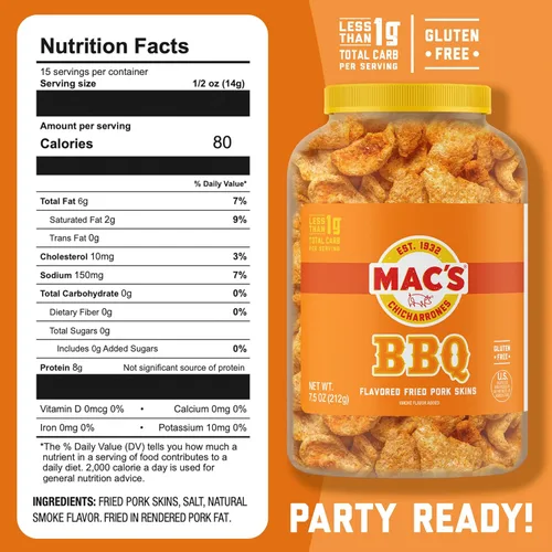 Miniatura 2 de Mac's Pieles de cerdo fritas a la barbacoa, chicharrones con sabor a barbacoa, bajo en carbohidratos, sin gluten, aperitivo apto para dieta