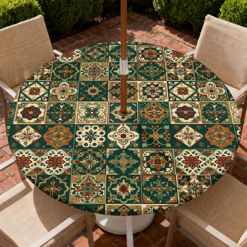 Miniatura 16 de Mantel para exteriores con agujero para sombrilla y cremallera, impermeable, redondo, ajustable con borde elástico, mantel lavable para mesa al aire