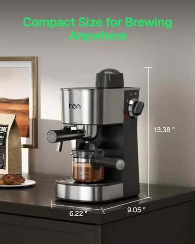 Miniatura 2 de HBN Máquina de café expreso, cafetera de 3.5 bar para capuchino y café con leche, cafetera de acero inoxidable de 2 a 4 tazas con espumador