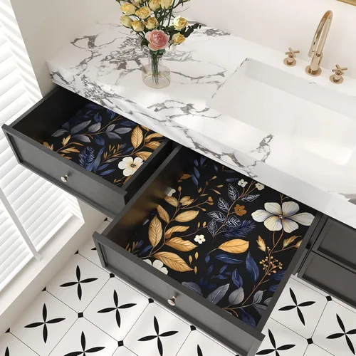 Miniatura 8 de Laatse Papel Tapiz de Hoja Azul/Dorada Despegar y Pegar Papel Tapiz Vintage Floral Oscuro Impermeable Autoadhesivo Removible Boho Papel de Pared