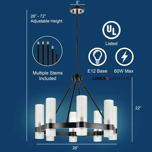 Miniatura 6 de Linea di Liara Teramo - Candelabro Negro Mate, Lámpara de Comedor, Pequeño Candelabro de Rueda de Vagón Redondo Industrial Moderno de Granja