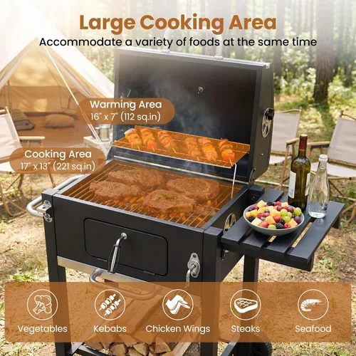 Miniatura 3 de Giantex Parrilla de carbón con estante lateral plegable, parrilla de barbacoa al aire libre con bandeja de carbón ajustable, termómetro, estantes