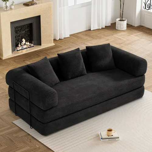 Miniatura 9 de DAMAIFROM Sofá cama convertible con almohada cilíndrica, sofá cama plegable de pana con marco de forma fija, sofá modular de suelo para sala de Negro