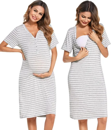 Ekouaer Camisón de enfermería a rayas para mujer, manga corta, vestido de dormir para lactancia materna, partobata de trabajo