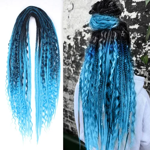 Miniatura 30 de Kraler Extensiones de Rastas Azules de Doble Extremo de 18 Pulgadas, 20 Hebras Sintéticas DE Extensiones de Rastas Hechas a Mano, Estilo de Rastas