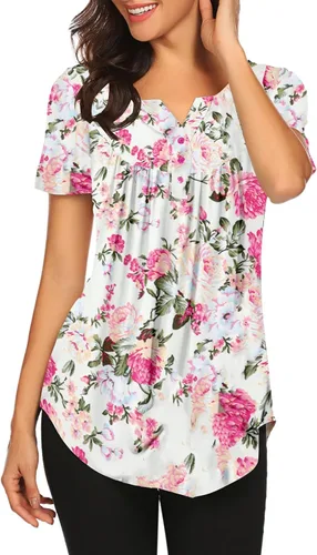 Miniatura 3 de Blusón plisado de manga corta con estampado floral y cuello Henley en V para mujer, con vuelo.