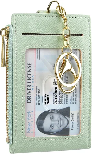 Miniatura 15 de Tarjetero de cuero para mujer, con bloqueo RFID, delgado y pequeño, con cremallera, llavero, bolsillo frontal, con 2 ventanas para identificación
