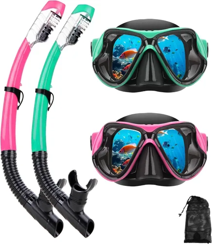 Miniatura 17 de Equipo de esnórquel para adultos, jóvenes y niños, juego de máscara de esnórquel con parte superior seca, juego de máscara de buceo antivaho