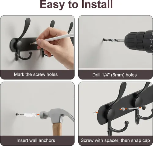 Miniatura 6 de YUNISS Perchero montado en la pared, 3 ganchos triangulares de acero inoxidable para abrigos, sombreros, batas, toallas en recibidor y entrada Negro