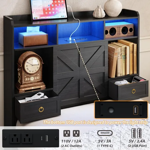Miniatura 4 de TIGUBFRE Base de cama individual con cabecera de almacenamiento, marco de cama de madera de granja tamaño individual con 3 cajones, luz LED