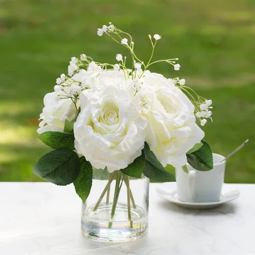 Miniatura 6 de ENOVA FLORAL Flores artificiales de rosa de seda grandes en jarrón, rosas falsas blancas con jarrón y agua sintética para centros de mesa de boda