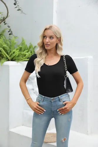 Miniatura 8 de VICHYIE Camisas de verano para mujer, cuello redondo, manga corta, acanaladas, ajustadas, casuales, básicas