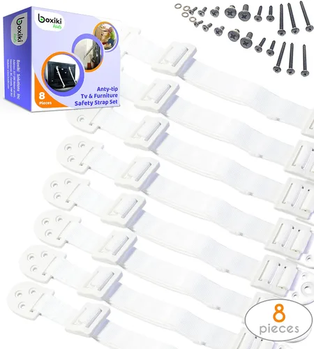 Miniatura 2 de Boxiki Kids Anclajes ajustables para muebles anti-punta para kit de anclaje de tocador y prueba de bebés. 8 anclajes de pared de PC y correas
