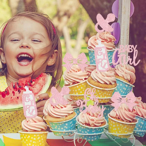 Miniatura 7 de Paquete de 24 adornos para cupcakes con purpurina «It's a Girl» con lazo, revelación de género, para cupcakes, decoración de pastel de bienvenida