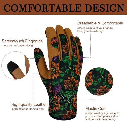 Miniatura 3 de Guantes de jardinería de cuero para mujer, guantes de jardín a prueba de espinas, guantes de trabajo para pantalla táctil, regalos Colorb