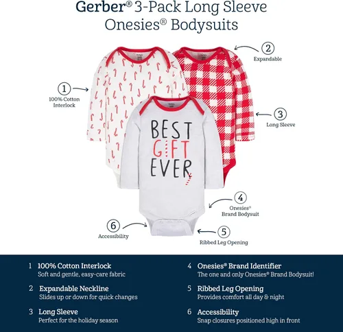 Miniatura 6 de Gerber Paquete de 3 mamelucos unisex de manga larga para bebé