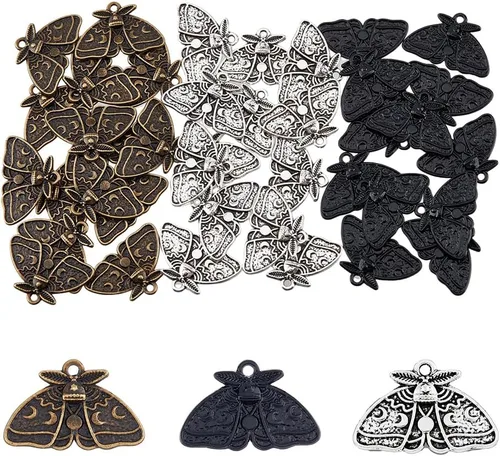 DICOSMETIC Dijes de polilla de luna estilo tibetano con colgantes de fase lunar, bronce antiguo/plata/negro, dijes de aleación para fabricación de