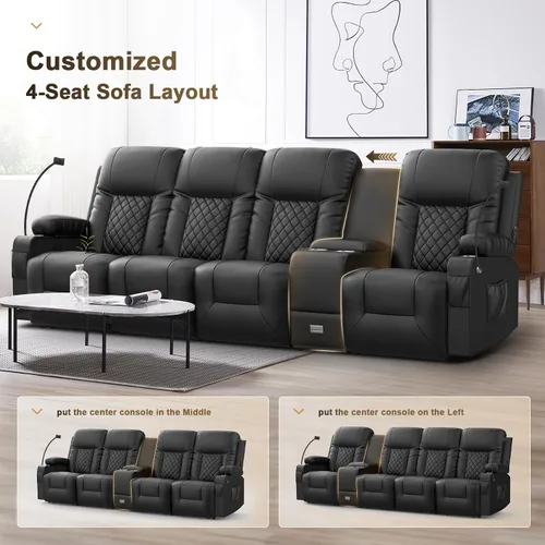 Miniatura 6 de YONISEE Juego de sofá reclinable moderno - Sofá de 4 plazas y 2 sillas reclinables giratorias con calor y masaje para sala de estar (4+1+1)