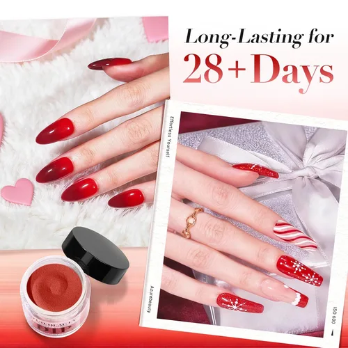 Miniatura 2 de AZUREBEAUTY - Juego de uñas en polvo para inmersión, rojo navideño, borgoña, rosa, baya, brillo, blanco, plata, purpurina, 6 colores, kit