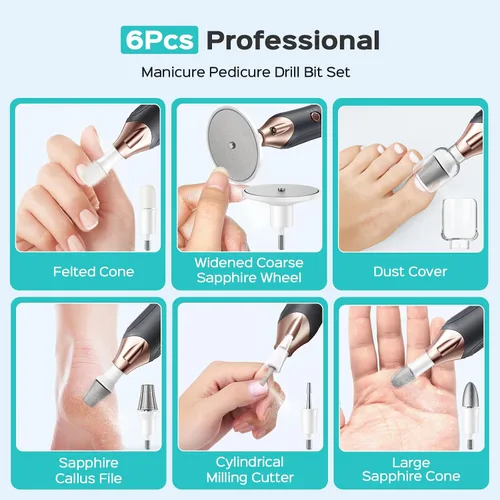 Miniatura 7 de COSLUS Kit Profesional de Manicura y Pedicura, Lima de Uñas Eléctrica 5 en 1 para Cuidado de Uñas de Manos y Pies - Rectificador Más Ancho para Uñas