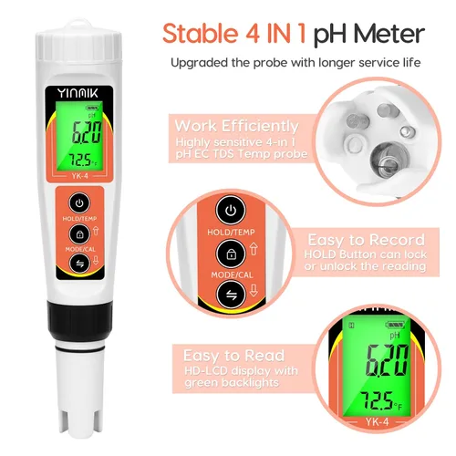 Miniatura 2 de Yinmik Medidor de pH, medidor digital 4 en 1 de pH EC TDS Temp para agua hidropónica, probador de agua impermeable DWC de pH y EC PPM con Probador