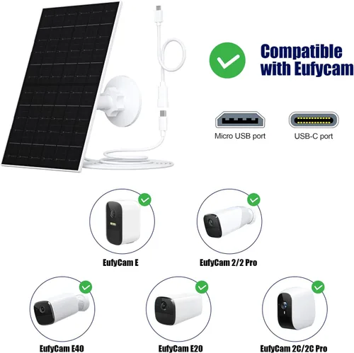 Miniatura 3 de Zivif Panel solar de 7 W compatible con Eufycam 2C/2C Pro/2/2 Pro/E20/E40/E, cargador solar USB con puerto USB-C, con conector micro USB y enchufe