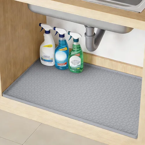 TRZZ Tapete de silicona impermeable para debajo del fregadero de 34 x 22 pulgadas, bandeja de goteo y forro de gabinete para cocina y baño, evita
