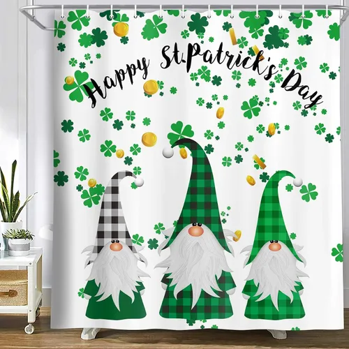 Miniatura 8 de MERCHR Cortina de ducha del día de San Patricio, trébol verde, hoja de trébol, diseño de elfo irlandés, gnomo irlandés, tela decorativa a cuadros