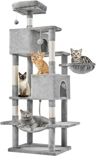 Miniatura 13 de DUMOS Torre grande de árbol para gatos de 66 pulgadas, torre alta de escalada para gatos de varios niveles con postes rascadores de sisal natural