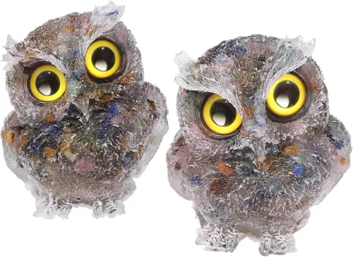 Miniatura 9 de TUMBEELLUWA Juego de 2 mini adornos de figura de búho de cristal de amatista, estatuas decorativas de búho de resina para mesa de oficina en casa