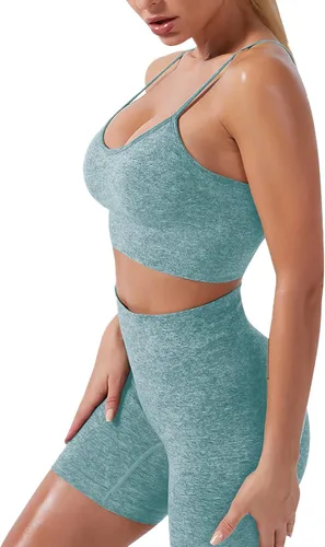 Miniatura 3 de Conjunto de yoga para mujer, sin costuras, pantalones cortos de ejercicio de cintura alta con brasier deportivo, 3 piezas, conjunto deportivo