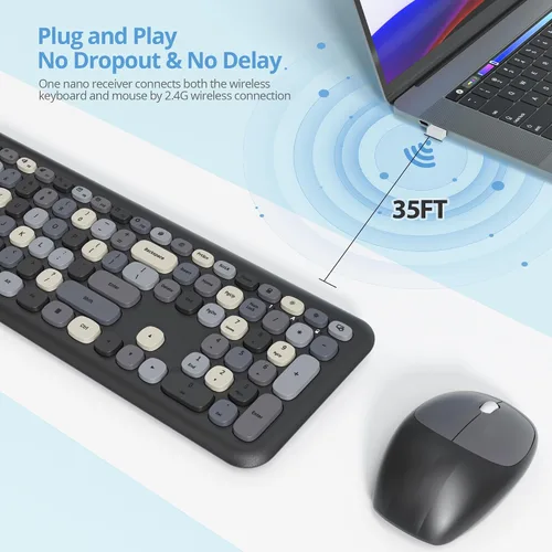 Miniatura 2 de Combo de teclado y mouse inalámbricos para máquina de escribir, 2.4G Office 104 teclas de tamaño completo, retro punk, lindo negro con teclas