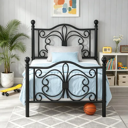 E-Motie Base de cama de plataforma de metal tamaño individual con cabecero y estribo de diseño de mariposa/base de colchón/almacenamiento debajo de