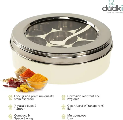 Miniatura 4 de DUDKI Homes - Caja Masala de acero inoxidable, caja de especias, Masala Dabba con organizador de cocina con tapa transparente con 7 recipientes