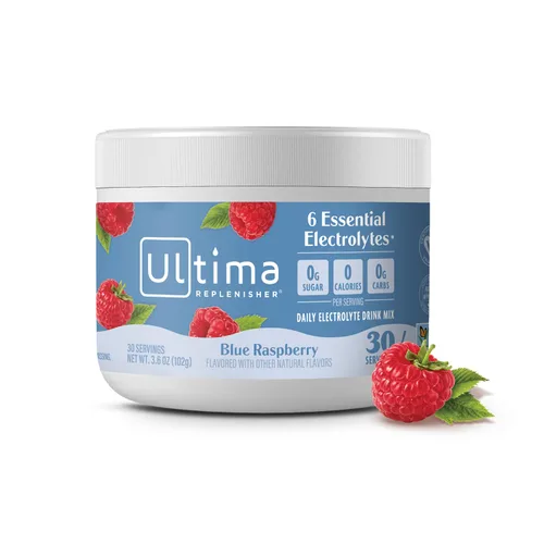 Ultima Replenisher Mezcla Diaria de Bebida en Polvo de Electrolitos – Sin Azúcar – Frambuesa Azul, 30 Porciones – Polvo de Hidratación con 6