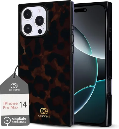 COCOMII Funda rectangular para iPhone 14 Pro Max, compatible con MagSafe, leopardo ámbar