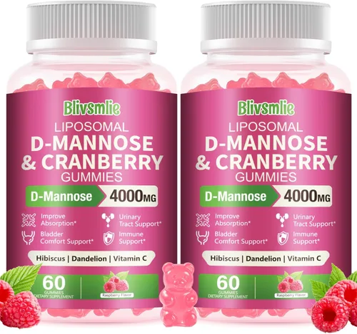 Paquete de 2 gomitas liposomales D-manosa de 4000 mg complejo de arándano 1500 mg e hibisco, fórmula de alta potencia para mujeres tracto urinario y