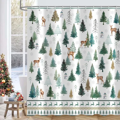 Miniatura 8 de Cortina de ducha de Navidad con diseño de pino, cortinas de baño decorativas estilo granja retro de acuarela, invierno, copos de nieve, verde, tela