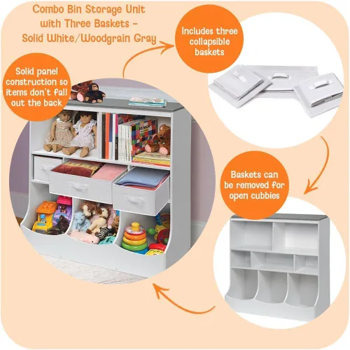 Miniatura 4 de Badger Basket Combo Bin Unidad de almacenamiento de juguetes y estante para libros para niños con 3 cestas - Blanco/Gris Blanco/Gris Woodgrain