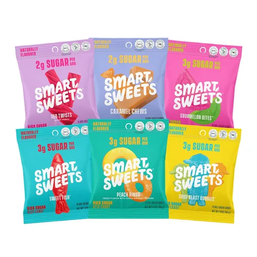 SmartSweets - Paquete variado de muestra, paquete de 6 sabores individuales, dulces bajos en azúcar y calorías - pescado dulce, bocadillos de