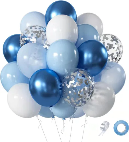 Set de globos azules y blancos, 60 piezas de 12 pulgadas, globos metálicos cromados azul perla, globos azul claro para cumpleaños, despedida de