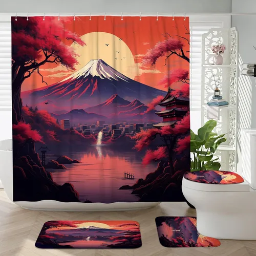 Miniatura 16 de Cortina de ducha japonesa Fuji Mountain de cerezo asiático, cortina de ducha con diseño de anime, decoración de baño, tela de poliéster, 62 x 72 Azul